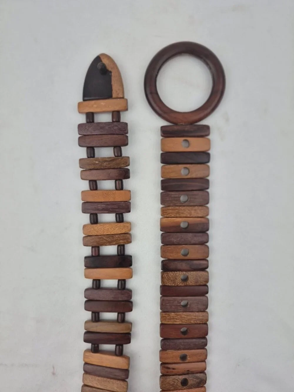 Vintage Boho Multi-Wood Slat & Bead Articulated Link Belt Round Wood Buckle